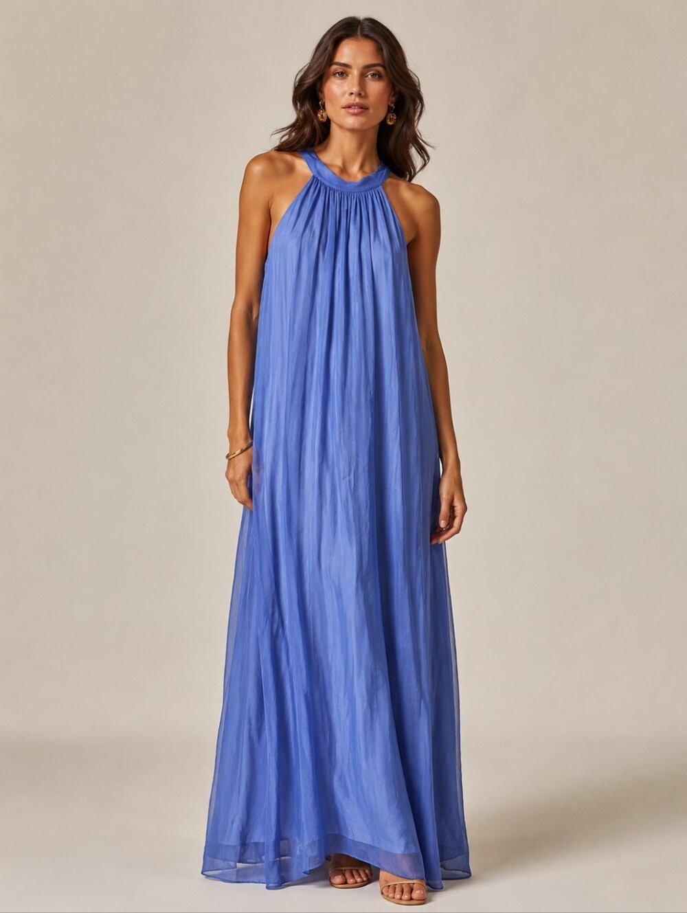 NWT Rosemarine Halter Maxi Dress Size M Blue Silk Blend Made In Italy